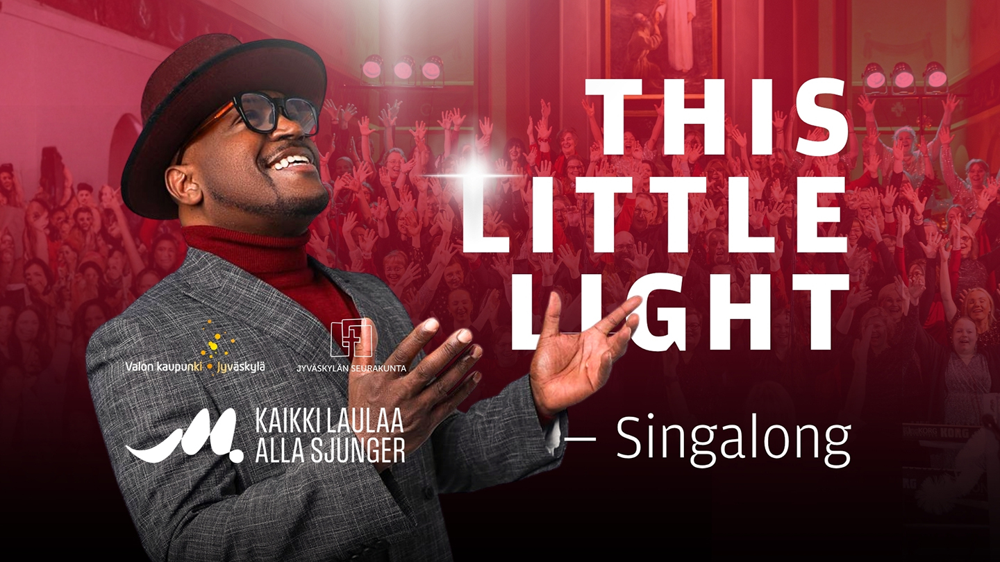 Tummaihoinen mies laulaa, tiedot tapahtumasta sekä Jkl srk ja Kaikki laulaa -logot. Taustalla iso gospelkuoro.