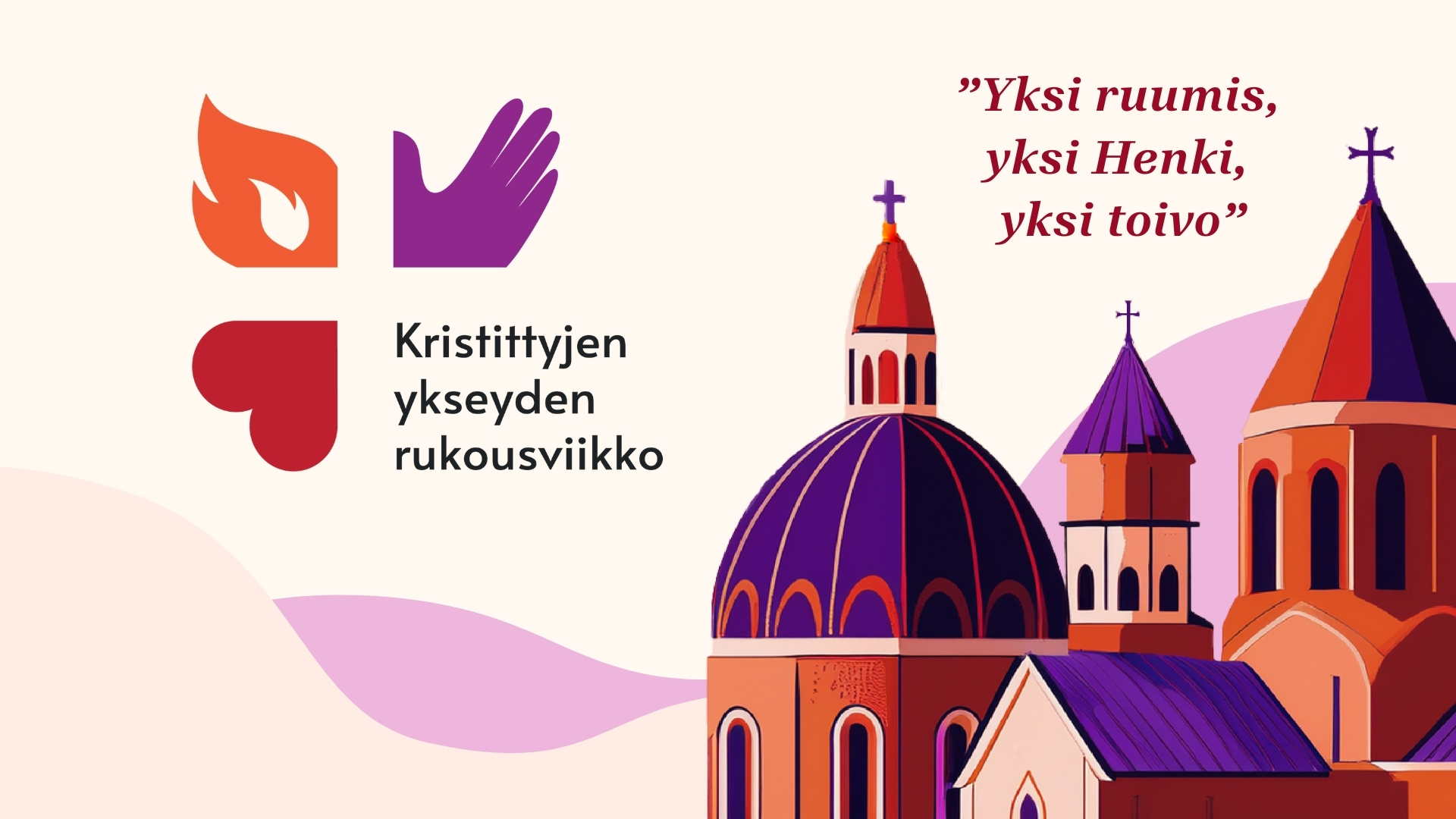 Tyyliteltyjä kirkontorneja ja rukousviikon logo