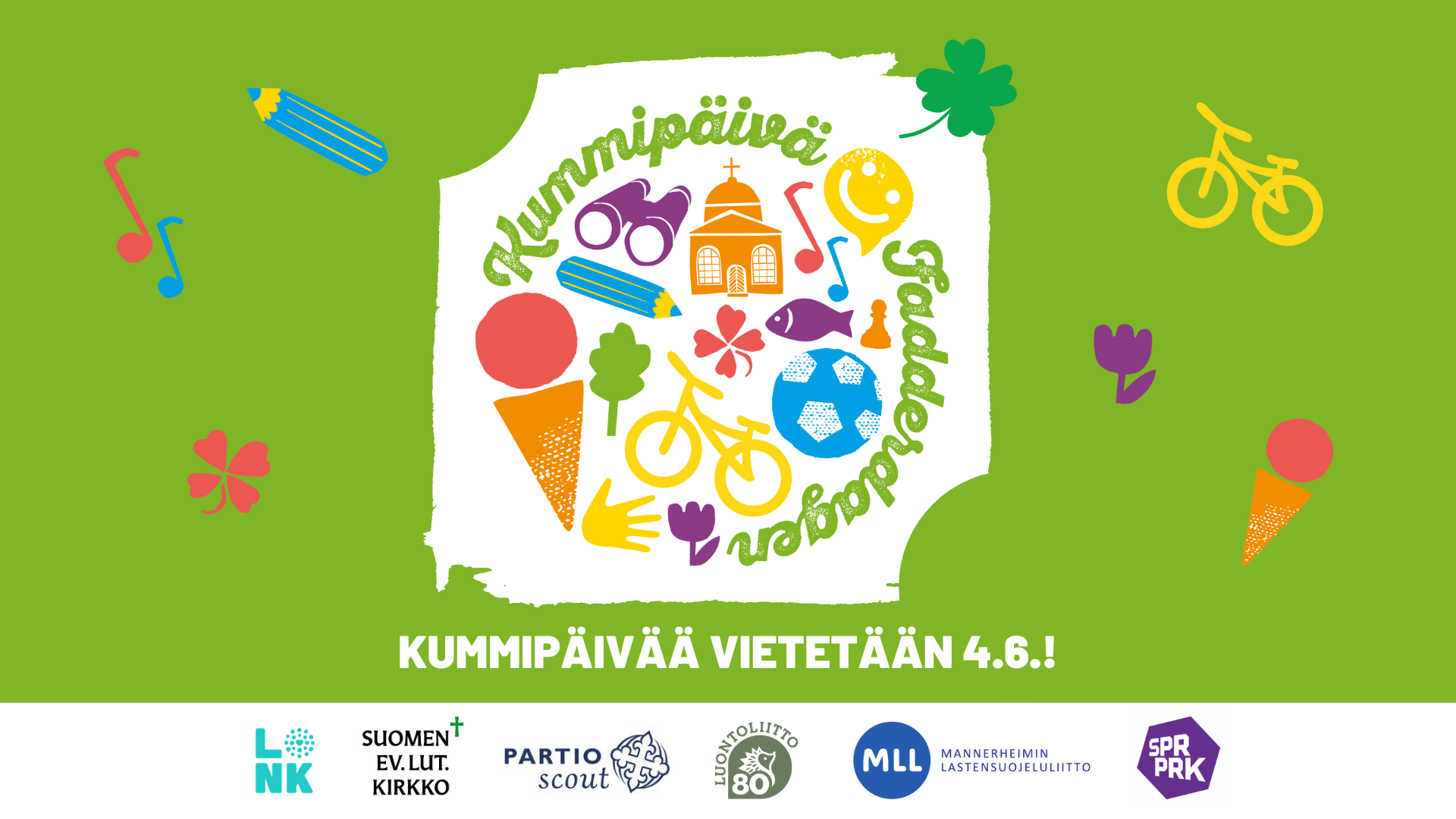 Kummipäivän logossa iloisia värejä ja piirrettynä jäätelötuutti, kynä, kiikarit, polkupyörä, jalkapallo, ne...