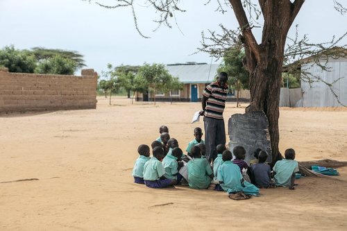 Lapset opiskelevat englantia puun alla Turkanan maakunnassa.
