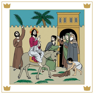 Adventin hoosiannakirkko verkossa Jeesus ratsastaa aasilla Jerusalemiin