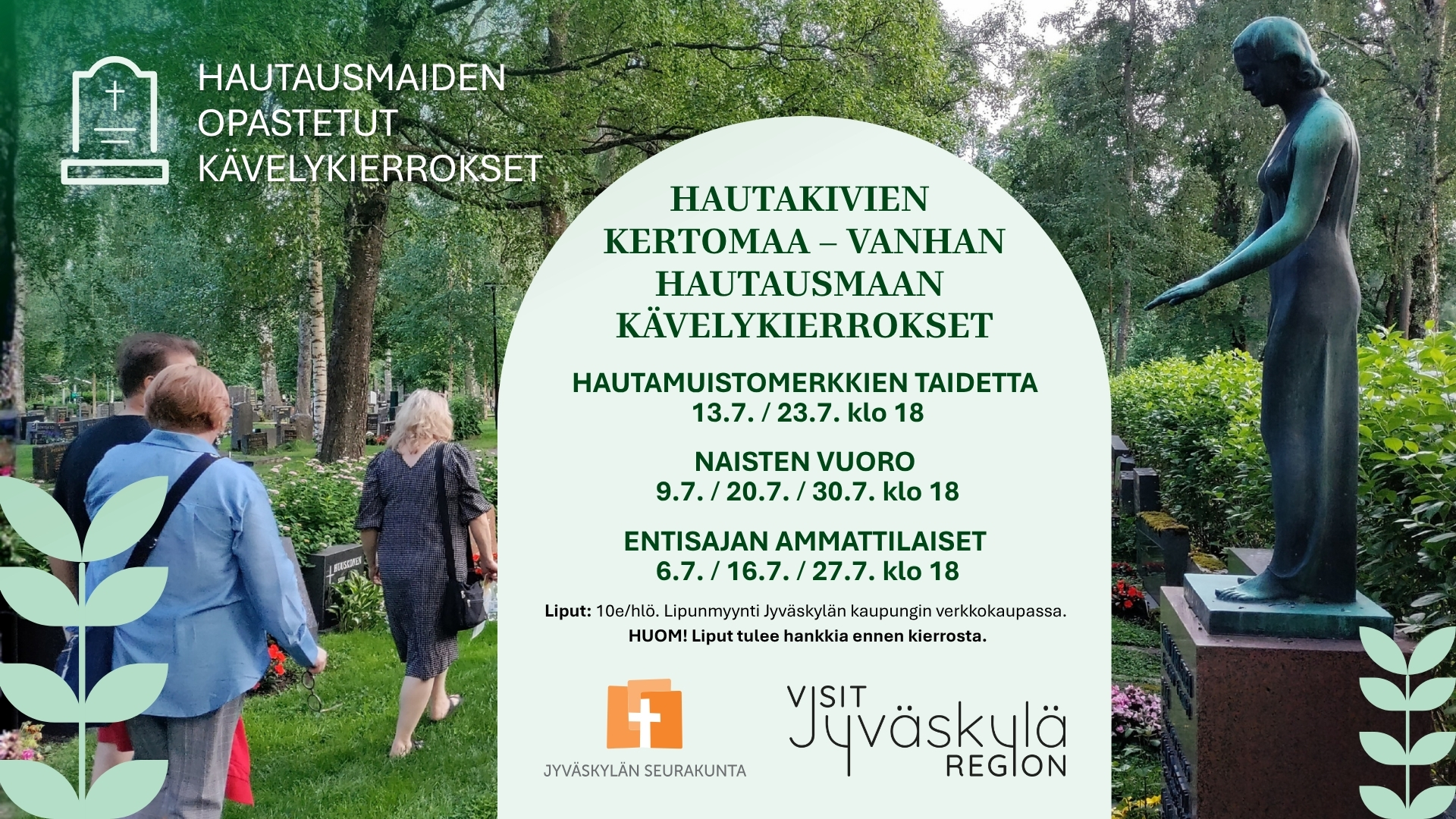 Ryhmä ihmisiä kävelee hautausmaalla.