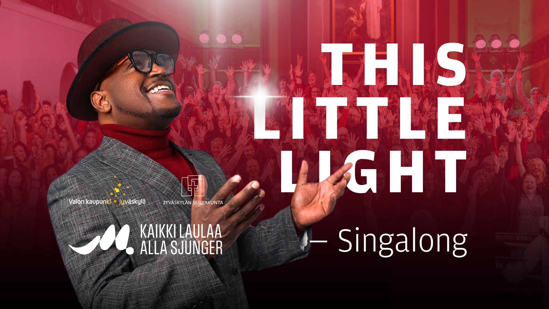 Tummaihoinen mies laulaa, tiedot tapahtumasta sekä Jkl srk ja Kaikki laulaa -logot. Taustalla iso gospelkuoro.