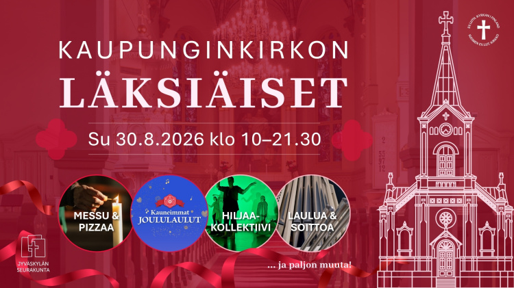 Mainos kirkon läksiäiset, punaisella pohjalla palloissa teksti Messu ja pizzaa, Hiljaa- kollektiivi, Soittoa ja laulua.