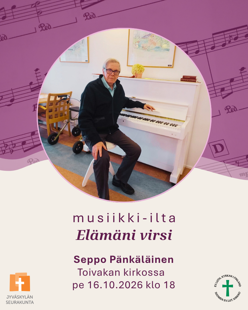 Seppo Pänkäläinen istumassa pianon ääressä