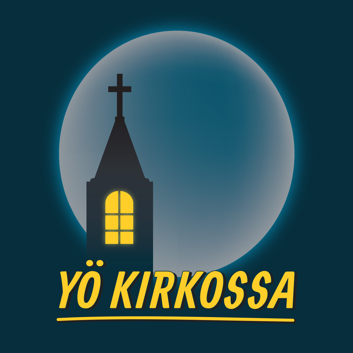 Piirretty kuva kuutamosta, jossa kirkon torni näkyy 