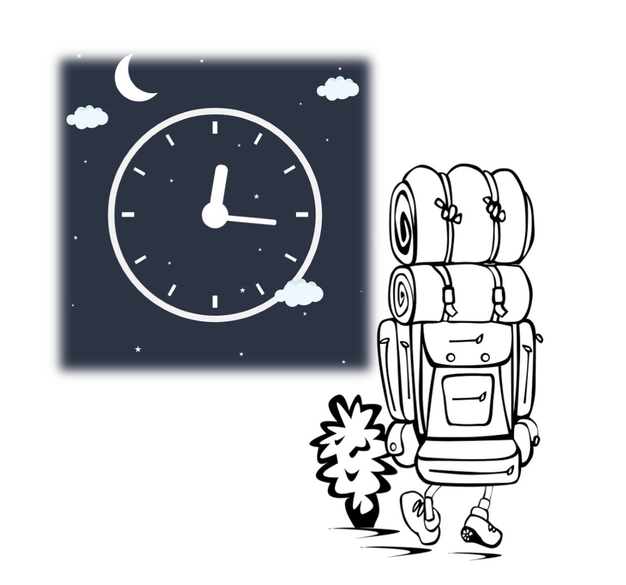 Kuvassa retkelle repun kanssa lähtevä henkilö ja yöaikaa kuvastava kello.