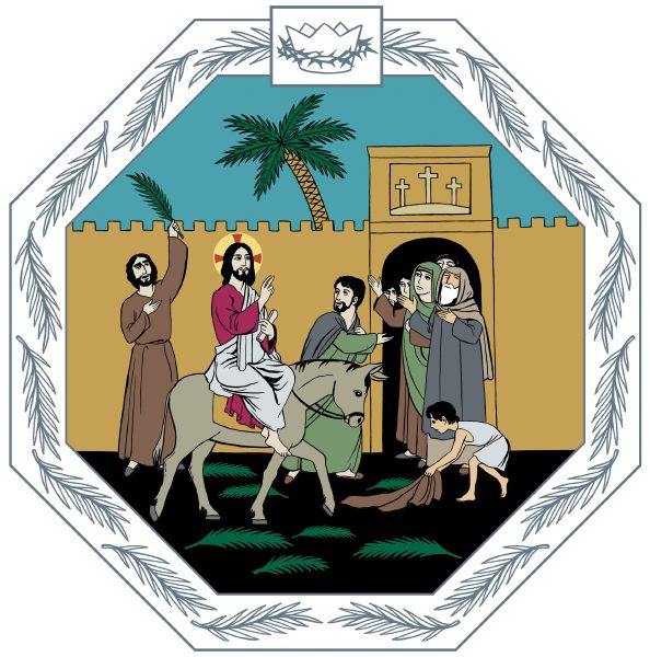 Jeesus ratsastaa Jerusalemiin aasilla.