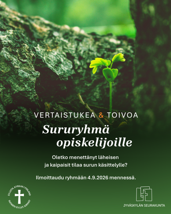 Oksan juuresta kasvava uusi puun verso ja teksti 