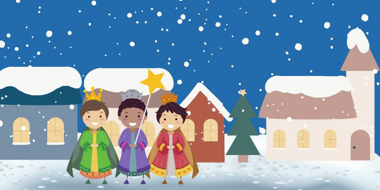 Koristekuva, animaatiokuva lapsista kolmena tietäjänä taustalla lumimaisema ja kirkko
