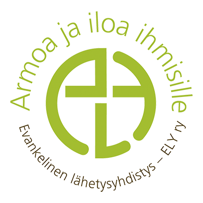 Ely logo, teksti Armoa ja iloa ihmisille - Evankelinen lähetysyhdistys - ELY ry