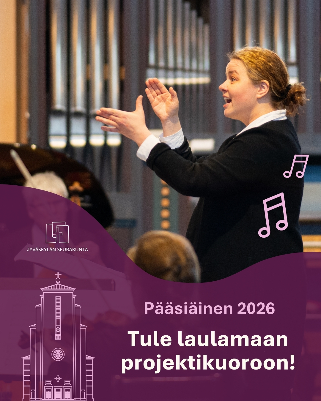 kapellimestari johtaa orkesteria, urut taustalla
