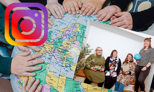 maapallo ja kädet taustalla, ig logo, mission tiimi 4 naista kuvassa