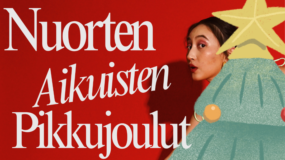 Nuorten aikuisten pikkujoulut, nainen kurkkaa kuusen takaa, kuusessa tähti