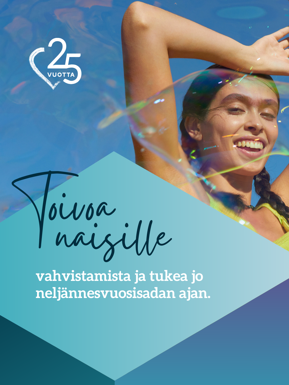 Nainen suuren saippuakuplan takana. Teksti Toivoa naisille - vahvistamista ja tukea jo neljännesvuosisadan ajan.