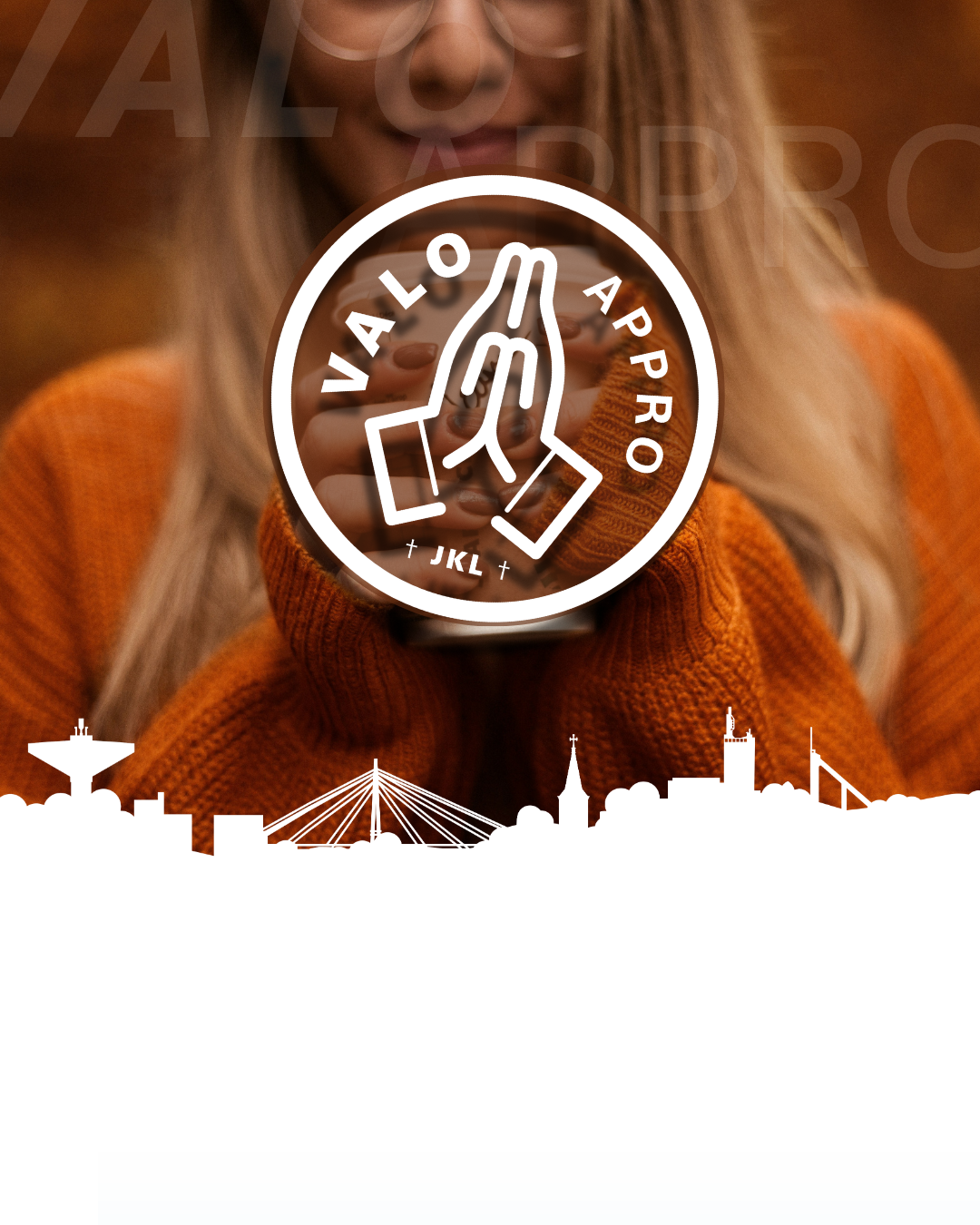 ValoAppro. Tapahtumatunnuksessa yhteenliitetyt kädet -piktogrammi. Taustalla takeaway-kahvia pitelevä nuori ihminen.