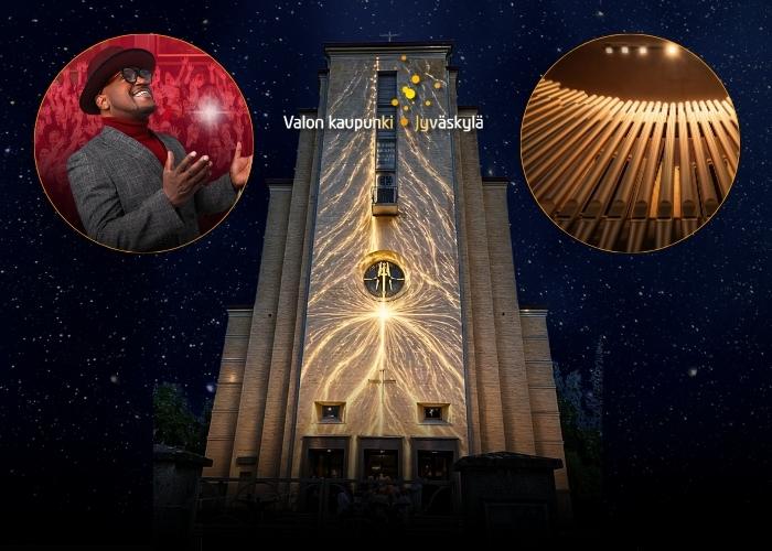 Taulumäen kirkko valaistuna, kuvanostot This little light -tapahtuman solistista ja Taulumäen uruista.